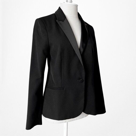 Zara Black Shoulder Padded Single Button Satin Trim Tailored Blazer Size S - Picture 4 of 6